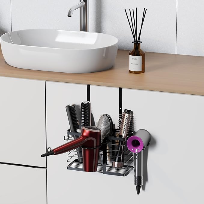YIGII Hair Dryer Holder, 3 in 1 Hair Tools Organizer Blow Dryer Holder Adjustable Height Cabinet Door/Wall Mounted Bathroom Organizer and Storage for Hair Dryer, Flat Irons, Curing Wands