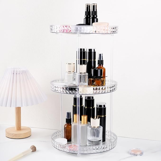 360 Clear Rotating Makeup Organize for Vanity,3 Tiers Lazy Susan with Diamond Pattern, Large-Capacity Skincare Organizers Cosmetic Display Case Organizer for Dresser (Clear White, 3Tiers)