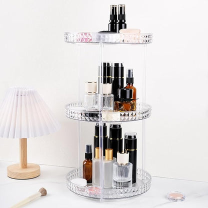 360 Clear Rotating Makeup Organize for Vanity,3 Tiers Lazy Susan with Diamond Pattern, Large-Capacity Skincare Organizers Cosmetic Display Case Organizer for Dresser (Clear White, 3Tiers)