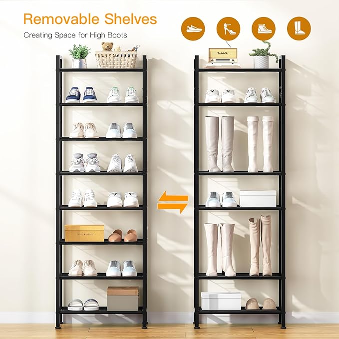8 Tiers Narrow Shoe Rack 16-24 Pairs, Sturdy Metal Tall Shoe Rack with 4 Hooks, Slim Shoe Storage Organizer with Metal Shelf, Space Saving Vertical Shoe Shelf for Entryway, Closets, Black