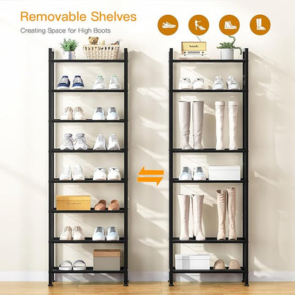 8 Tiers Narrow Shoe Rack 16-24 Pairs, Sturdy Metal Tall Shoe Rack with 4 Hooks, Slim Shoe Storage Organizer with Metal Shelf, Space Saving Vertical Shoe Shelf for Entryway, Closets, Black