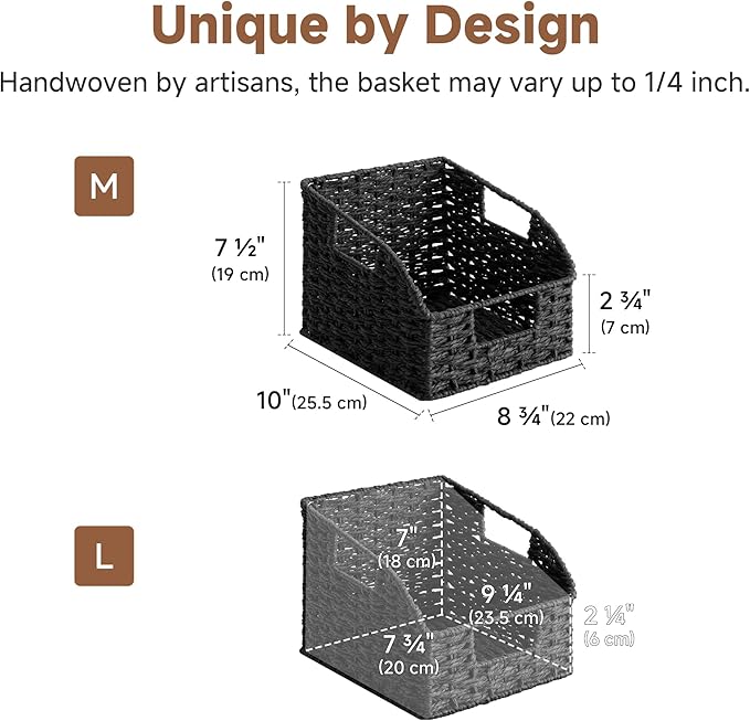 StorageWorks Pantry Organizers and Storage, Wicker Baskets with Handles, Pantry Baskets for Shelves, Paper Rope, Black， 2 Pack