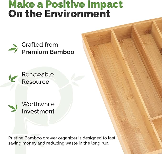 Pristine Bamboo Silverware Organizer - Small Extra-Deep Wooden Kitchen Drawer Organizer Divider for Spoons, Forks, Knives & Cutleries - 5 Slots
