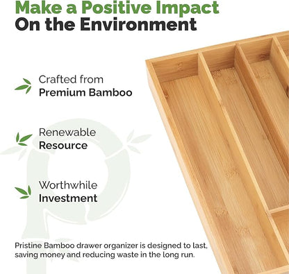 Pristine Bamboo Silverware Organizer - Small Extra-Deep Wooden Kitchen Drawer Organizer Divider for Spoons, Forks, Knives & Cutleries - 5 Slots