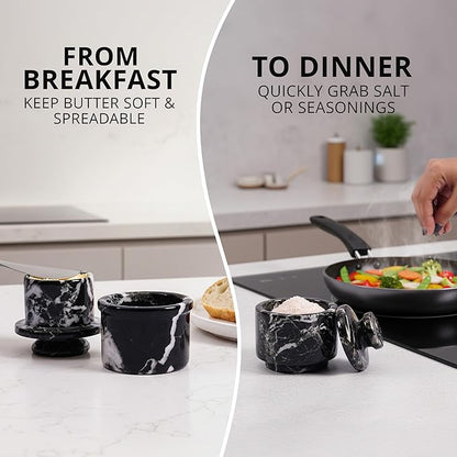 Marble Butter Keeper and Salt Cellar Set, Black Zebra Marble Kitchen Counter Containers for Butter, Seasoning & Condiments, Home & Kitchen Décor