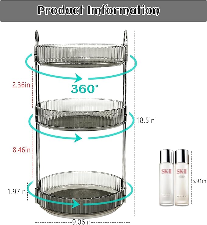 Skincare Organizers 360 Rotating, 3 Tier Round Makeup Organizer Countertop,Holder Rack Large Spinning Cosmetics Display Cases, Perfume Beauty Storage for Vanity, Countertop, Bathroom (Gray)
