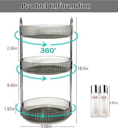 Skincare Organizers 360 Rotating, 3 Tier Round Makeup Organizer Countertop,Holder Rack Large Spinning Cosmetics Display Cases, Perfume Beauty Storage for Vanity, Countertop, Bathroom (Gray)