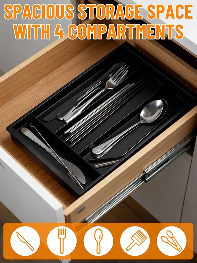 Silverware Drawer Organizer Tray, Adjustable Small Utensil Holder for Spoon and Fork, Expandable Flatware Cutlery Tray for Kitchen Drawers (Black)