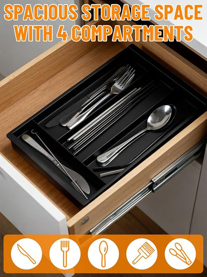 Silverware Drawer Organizer Tray, Adjustable Small Utensil Holder for Spoon and Fork, Expandable Flatware Cutlery Tray for Kitchen Drawers (Black)