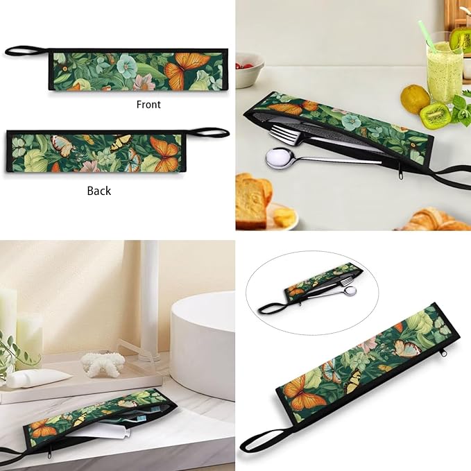 COEQINE Butterfly Utensil Holder Green Portable Fork Spoon Knife Organizer Hawaii Style Work Storage Case With Handles Zipper Chopstick Case Silverware Case With Handles for Travel