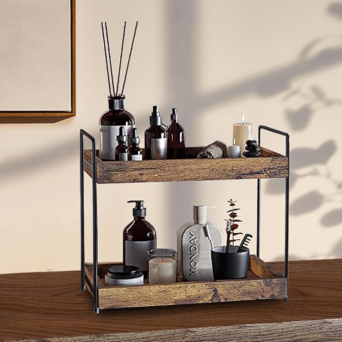 mahueeol 2 Tier Bathroom Counter Organizer Wood Bathroom Storage Shelf Spice Rack for Kitchen Countertop Vanity Tray Makeup Storage Coffee Station Organizer-Rustic Brown