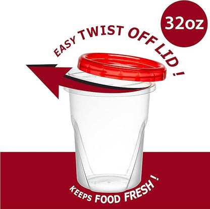 ELEGANT DISPOSABLES (32 Ounce 10 Pack) Twist cap Containers Clear Bottom With Red Top Screw on Lids Twist Top Food Storage Freezer Containers