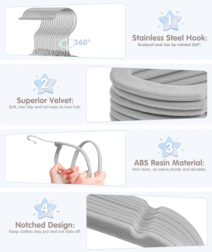VIS'V Baby Hangers, 11 Inch Velvet Kids Hangers with 6 Pcs Clothes Size Dividers, Infant Toddler Nursery Closet Organization, Non Slip, Gray, 50 Pcs