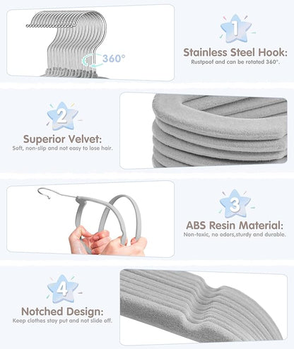 VIS'V Baby Hangers, 11 Inch Velvet Kids Hangers with 6 Pcs Clothes Size Dividers, Infant Toddler Nursery Closet Organization, Non Slip, Gray, 50 Pcs