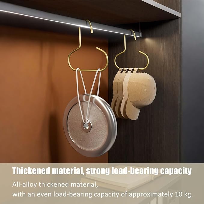 6 Pcs Hat Hanger Gold Hooks Organizer, Metal Shawl Belt Scarf Caps Tie Purse Storage Hangers Organizers Non-Slip Easy Access Open Hook Space Saving Multi-Functional Hooks