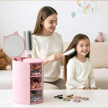 Clear Hair Accessories Organizer & Hair Brush Holder, Rotatable Makeup Brush Holder and Jewelry Storage Box for Hair Clips, Earrings, Necklaces, Rings and Bracelets (Pink, 3-Layer)