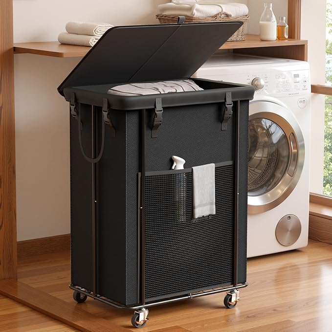 220L Laundry Hamper with Lid, Rolling Laundry Basket with Wheels, Large & Tall Dirty Clothes Hamper with Metal Frame and Removable Bag for Bedroom Aesthetic, Laundry Room, Bathroom, Dorm
