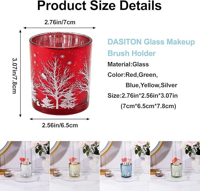 DASITON Makeup Brush Holder Organizer, Crystal Glass Cosmetic Makeup Brushes Storage Holder, Christmas Tree Make Up Brush Cup for Vanity Décor, Small Pen Holders for Desk, Toothbrush Holders (Red)