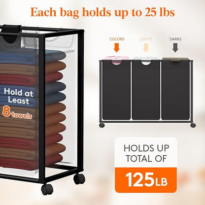 Lifewit Laundry Hamper 3 Section, Large Rolling Laundry Sorter with Shelf & 2 Drawers, Pull-Out Laundry Basket Organizer with Wheels and Removable Bag for Laundry Room Bathroom, Rustic Brown and Black