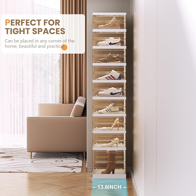 SYNCVIBE Shoe Rack Organizer for Closet Entryway Foldable Sneaker Storage Shoe, Collapsible Shoe Cabinet, Stackable Shoe Storage Cabinet with Lids for Living Room (9 Tiers -18 Pairs Transparent)