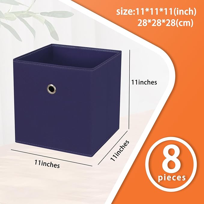 Foldable Storage Cubes Bins ,11 Inch Cloth Storage Cube Fabric Storage Box Cubes Organizer Baskets with Dual Handles for Home Organizer Set of 8 (Navy Blue)