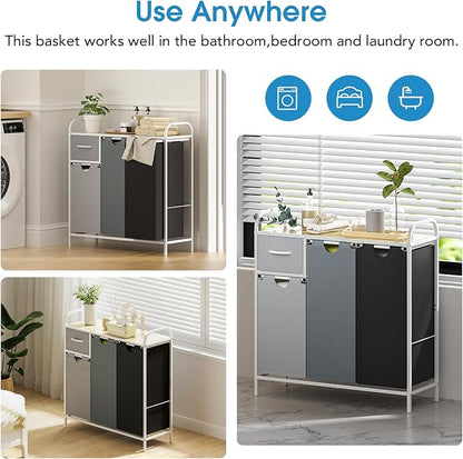 Yecaye Laundry Sorter 3 Section, Laundry Hamper with Shelf and 1 Drawer, 35.7Gal(135L) Clothes Basket Organizer, Pull-Out and Removable Oxford Fabric Laundry Bags for Laundry Room, Bedroom, Bathroom