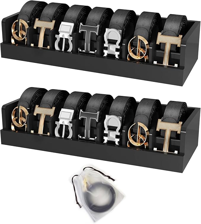 Belt Organizer for Drawer - Bamboo Belt Storage Organizer | Belt Rack for Closet Wall Mount Men Women Tie Sock Bra Scarf Ribbon (Black, 2 * 7Grids)