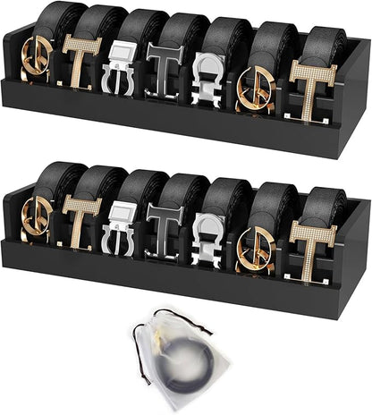Belt Organizer for Drawer - Bamboo Belt Storage Organizer | Belt Rack for Closet Wall Mount Men Women Tie Sock Bra Scarf Ribbon (Black, 2 * 7Grids)