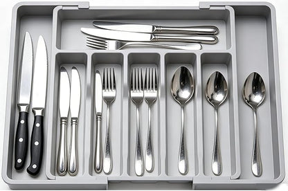 Silverware Drawer Organizer, Expandable Kitchen Drawer Organizer, Adjustable Cutlery Storage, Flatware and Cutlery Holder for Spoons Forks Knives (Gray)