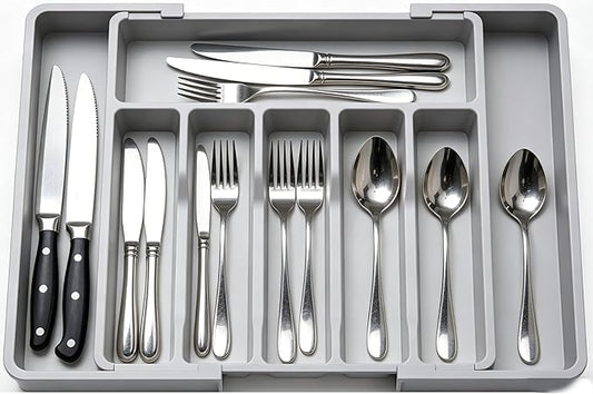 Silverware Drawer Organizer, Expandable Kitchen Drawer Organizer, Adjustable Cutlery Storage, Flatware and Cutlery Holder for Spoons Forks Knives (Gray)