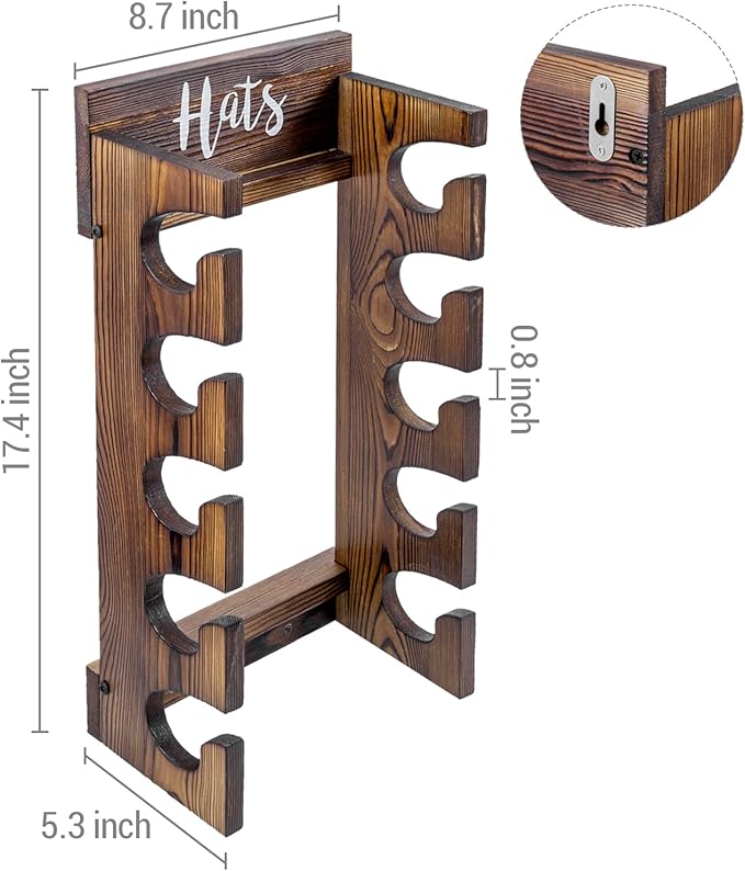 MyGift Wooden Hat Rack Wall Mount, Baseball Cap Organizer Display Holder, Hat Storage Shelf with White Cursive Hats Label,10 Hanging Hooks, Rustic Burnt Solid Wood