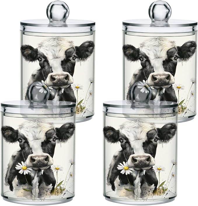 Watercolor Cow Qtip Holder 2 Pack - 10 Oz Clear Plastic Apothecary Jar Set for Bathroom Organization - Versatile Canister Storage for Cotton Balls, Swabs, Rounds