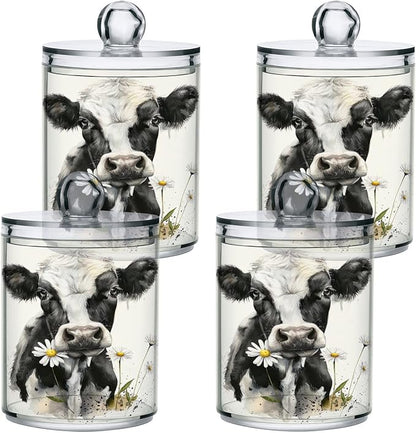 Watercolor Cow Qtip Holder 2 Pack - 10 Oz Clear Plastic Apothecary Jar Set for Bathroom Organization - Versatile Canister Storage for Cotton Balls, Swabs, Rounds