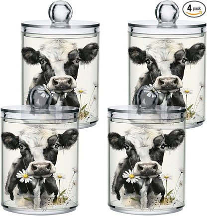 Watercolor Cow Qtip Holder 4 Pack - 10 Oz Clear Plastic Apothecary Jar Set for Bathroom Organization - Versatile Canister Storage for Cotton Balls, Swabs, Rounds