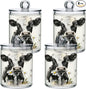 Watercolor Cow Qtip Holder 4 Pack - 10 Oz Clear Plastic Apothecary Jar Set for Bathroom Organization - Versatile Canister Storage for Cotton Balls, Swabs, Rounds