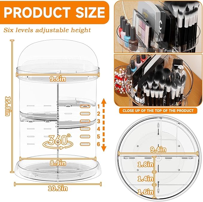Yieach 360 Rotating Makeup Organizer for Vanity,Bathroom counter,Adjustable Spinning Skincare Organizers,Cosmetic Display Cases and Makeup Holder for Palette,Eyeshadow,Brush,Perfume Organizer,Clear