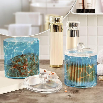 2 Pack Qtip Dispenser Apothecary Jars with Lids Cotton Round Holder Bathroom Canisters for Cotton Swab Floss Ball Pads Clear Plastic Decorative Summer Blue Pool Ripples