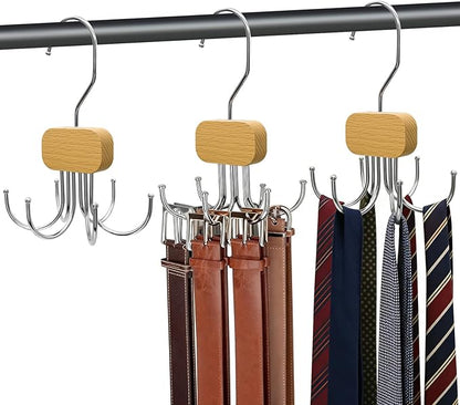 Belt Hanger for Closet, 3 Pack Belt Organizer for Closet Space Saving & Storage, 360° Rotatable & Foldable Hooks, Large Capacity Holder Rack for Tie, Tank Top, Bra, Purse, Hat (Natural)