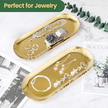2PACK Gold Decorative Tray, Bathroom Vanity Tray for Dresser Counter, Stainless Steel Jewelry Dish Tray for Decor, Perfume Ring Key Candle Organizer Tray, Oval