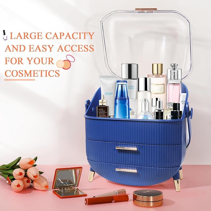 MASSY Egg Shape(Oval) Makeup Storage Box, Countertop Portable Vanity Cosmetics Organizer Preppy