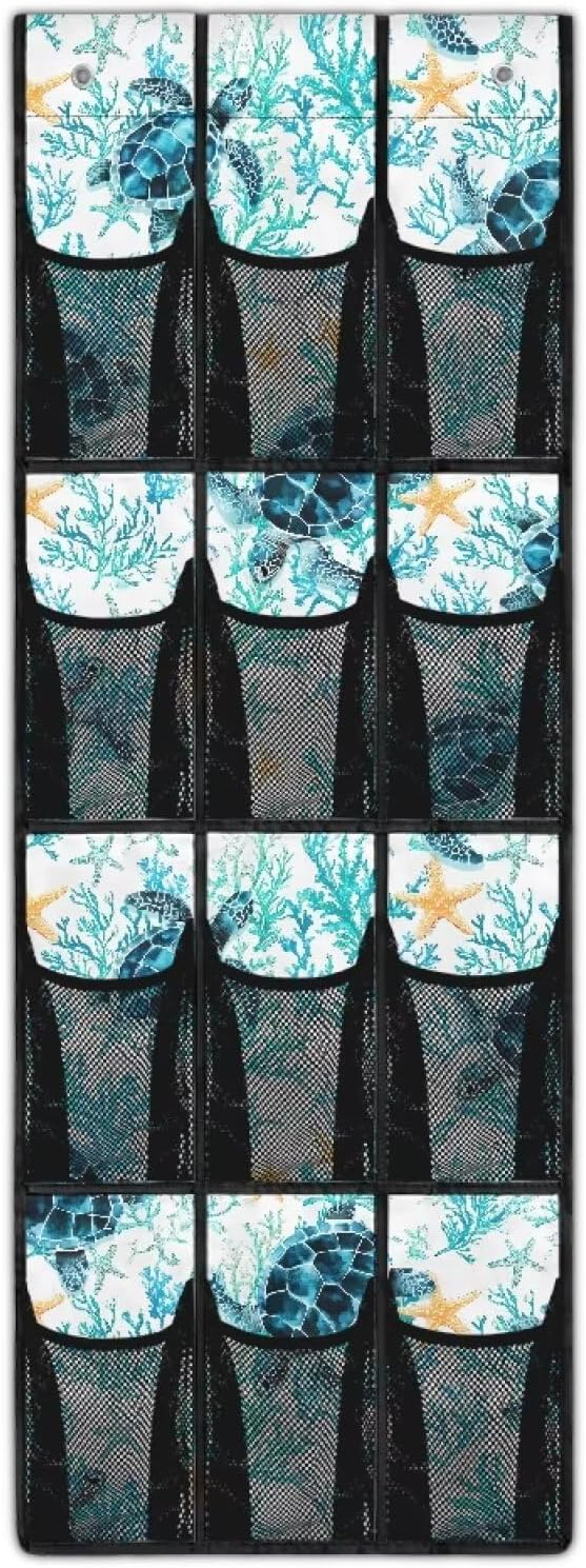 Blue Sea Turtle Behind The Door Shoe Organizer, 12 Pockets Ocean Theme Hanging Rack for Bathroom & Beach House, No Drill Storage for Toys & Toiletries