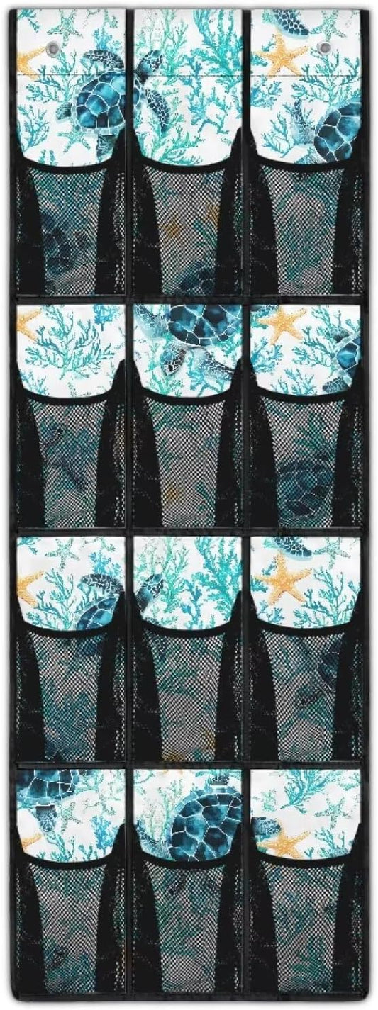 Blue Sea Turtle Behind The Door Shoe Organizer, 12 Pockets Ocean Theme Hanging Rack for Bathroom & Beach House, No Drill Storage for Toys & Toiletries