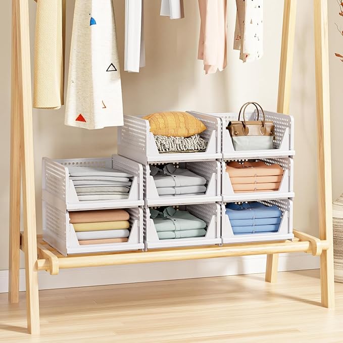 8 Pack Stackable Closet Storage Basket - Stackable Storage Bins, Multifunctional & Foldable Closet Organizer Waterproof, Wardrobe Cupboard Space-Saving Hat Storage Drawer Organizer, White