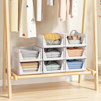 8 Pack Stackable Closet Storage Basket - Stackable Storage Bins, Multifunctional & Foldable Closet Organizer Waterproof, Wardrobe Cupboard Space-Saving Hat Storage Drawer Organizer, White