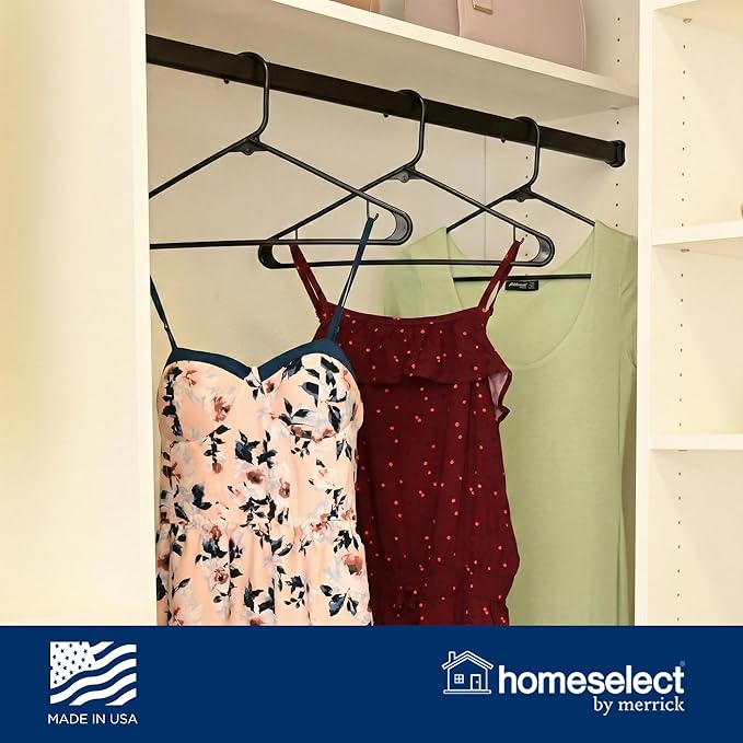 Homeselect 50 Pk Plastic Clothes Hangers Made in USA, No Shoulder Bumps, Space Saving, Hooks for Dresses and Strap, 6lb Capacity (Black)