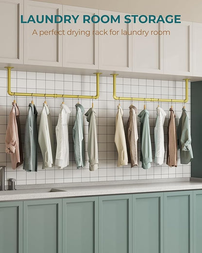 OROPY Industrial Pipe Clothes Rack Wall Mounted Set of 2, 38.4 inches Heavy Duty Iron Pipe Clothing Garment Rail, Multi-Purpose Clothing Hanging Rod for Laundry Room and Closet Storage, Gold