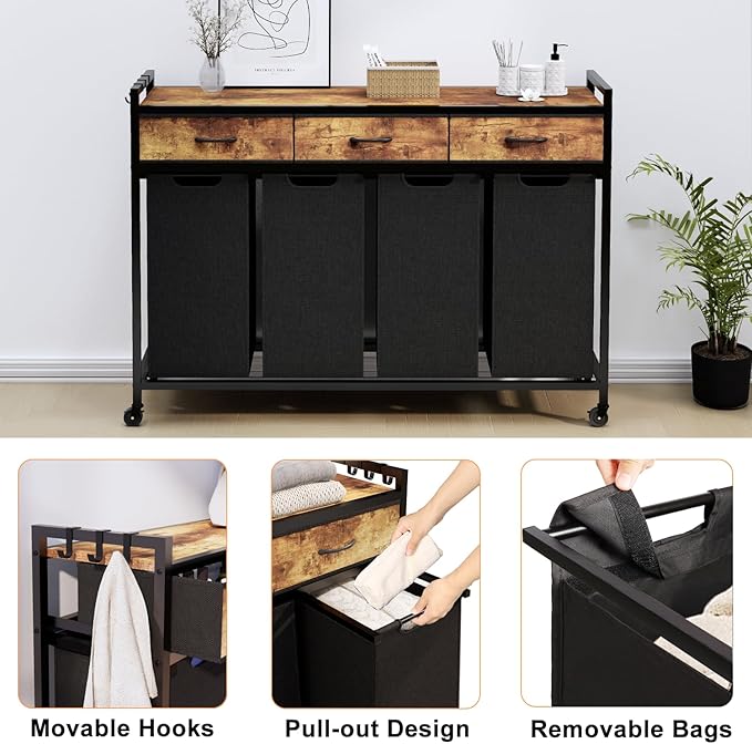 Timberer Laundry Hamper, Laundry Sorter 4 Sections, Rolling Laundry Basket with Wheels, 3 Drawers, 4 × 14.5 Gal (55 L), Pull-Out and Removable Oxford Fabric Bags, Black and Rustic Brown