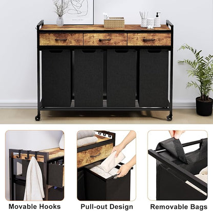 Timberer Laundry Hamper, Laundry Sorter 4 Sections, Rolling Laundry Basket with Wheels, 3 Drawers, 4 × 14.5 Gal (55 L), Pull-Out and Removable Oxford Fabric Bags, Black and Rustic Brown