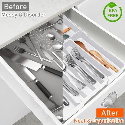 Spaclear Silverware Organizer Extra Deep - Expandable Utensil Drawer Organizer, 19 x 15 Inch Silverware Tray for Kitchen Drawer with 7 Slots, Adjustable Cutlery Tray for Spoons Forks Knives, White