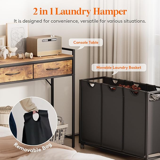 Lifewit Laundry Hamper 3 Section, Large Rolling Laundry Sorter with Shelf & 2 Drawers, Pull-Out Laundry Basket Organizer with Wheels and Removable Bag for Laundry Room Bathroom, Rustic Brown and Black